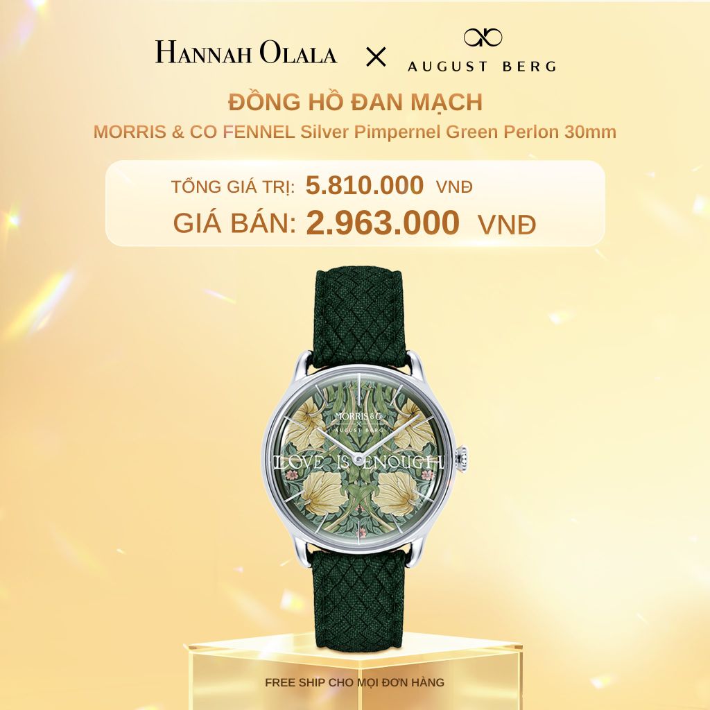  C748_DEAL 5: ĐỒNG HỒ ĐAN MẠCH AUGUST BERG x MORRIS & CO. – MẶT PIMPERNEL XANH LÁ 30MM, DÂY PERLON 