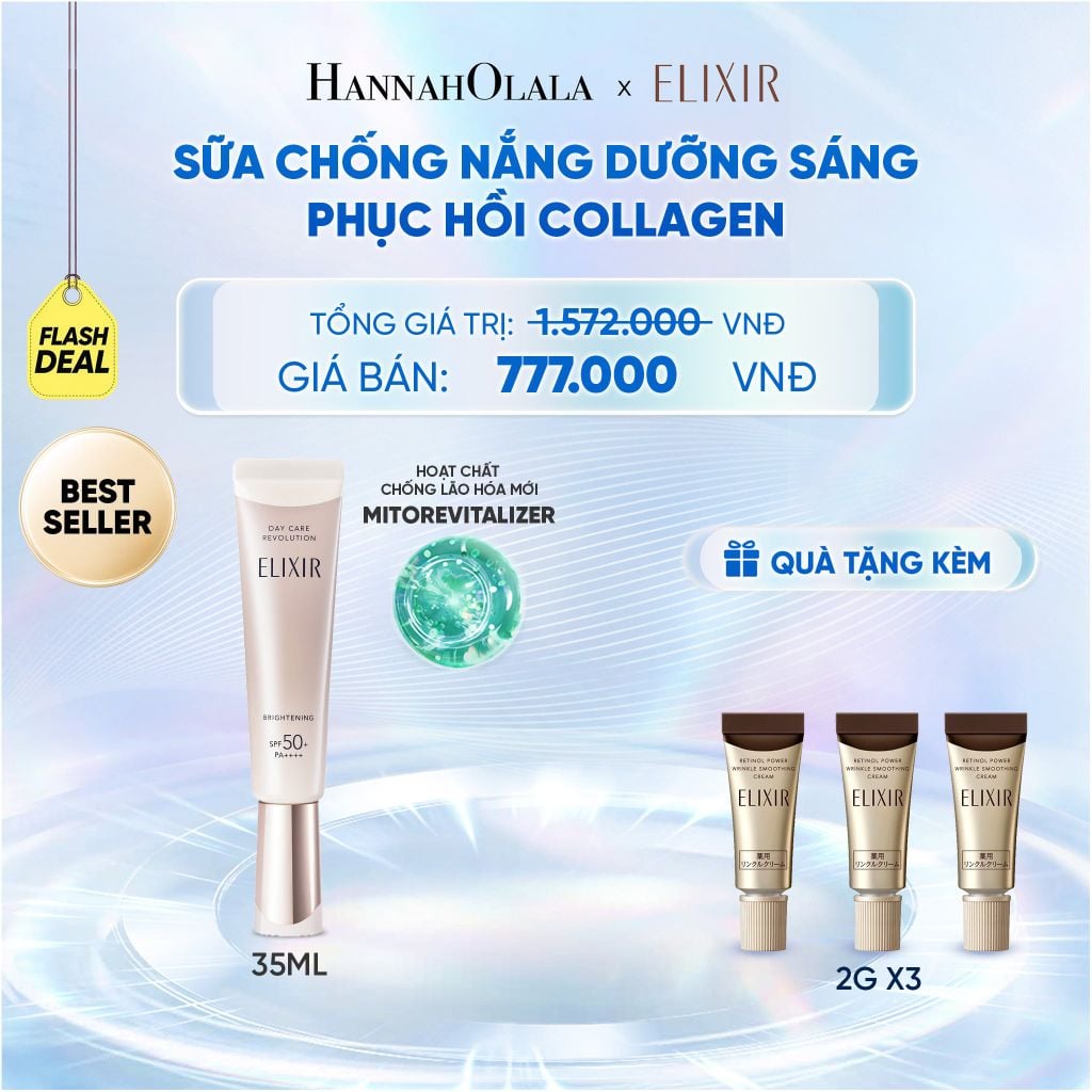  [THẾ HỆ MỚI] KEM CHỐNG NẮNG DẠNG SỮA DƯỠNG SÁNG PHỤC HỒI COLLAGEN TỪ CẤP ĐỘ TẾ BÀO ELIXIR DAY CARE REVOLUTION SPF50+ 35ML - DEAL 5 - C93 