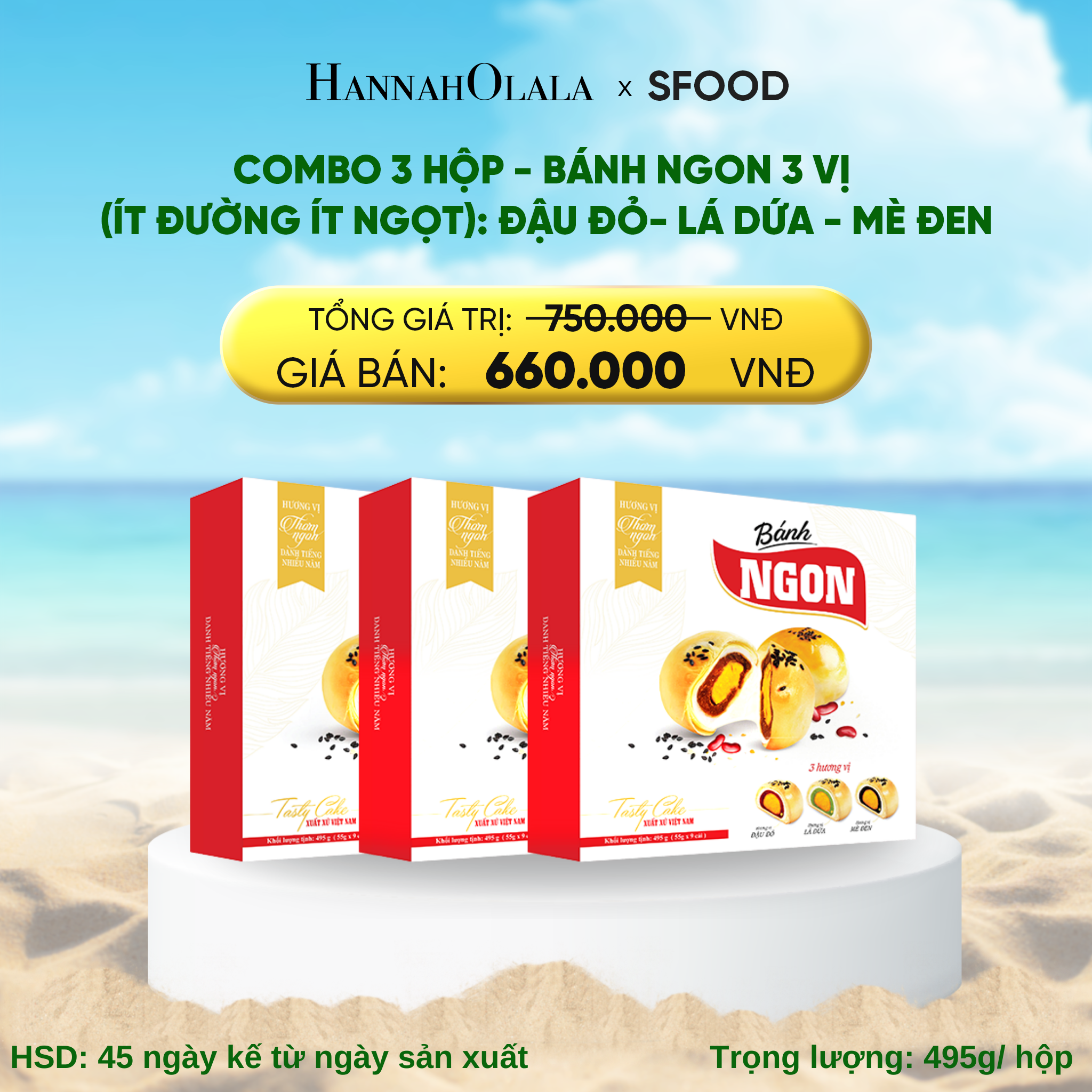 A500_deal 5: combo 3 hộp - bánh ngon 3 vị (ít đường ít ngọt): đậu đỏ- lá dứa - mè đen