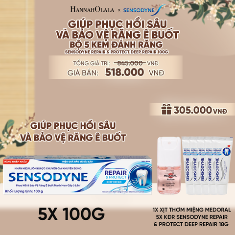  BỘ 5 KEM ĐÁNH RĂNG SENSODYNE REPAIR & PROTECT DEEP REPAIR 100G GIÚP PHỤC HỒI SÂU VÀ BẢO VỆ RĂNG Ê BUỐT - A2632 