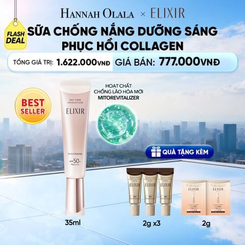  [THẾ HỆ MỚI] KEM CHỐNG NẮNG DẠNG SỮA DƯỠNG SÁNG PHỤC HỒI COLLAGEN TỪ CẤP ĐỘ TẾ BÀO ELIXIR DAY CARE REVOLUTION SPF50+ 35ML - DEAL 5 