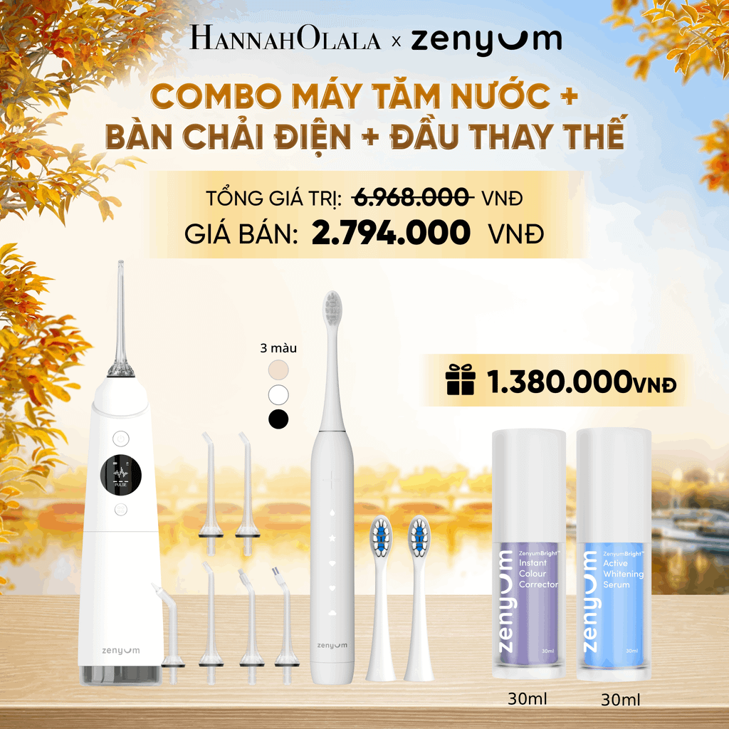  COMBO MÁY TĂM NƯỚC ZENYUM PRO + 6 ĐẦU THAY+ BÀN CHẢI ĐIỆN ZENYUM SONIC 2.0 + 2 ĐẦU THAY ÊM DỊU + SERUM ĐIỀU CHỈNH, LÀM TRẮNG RĂNG - E1570 