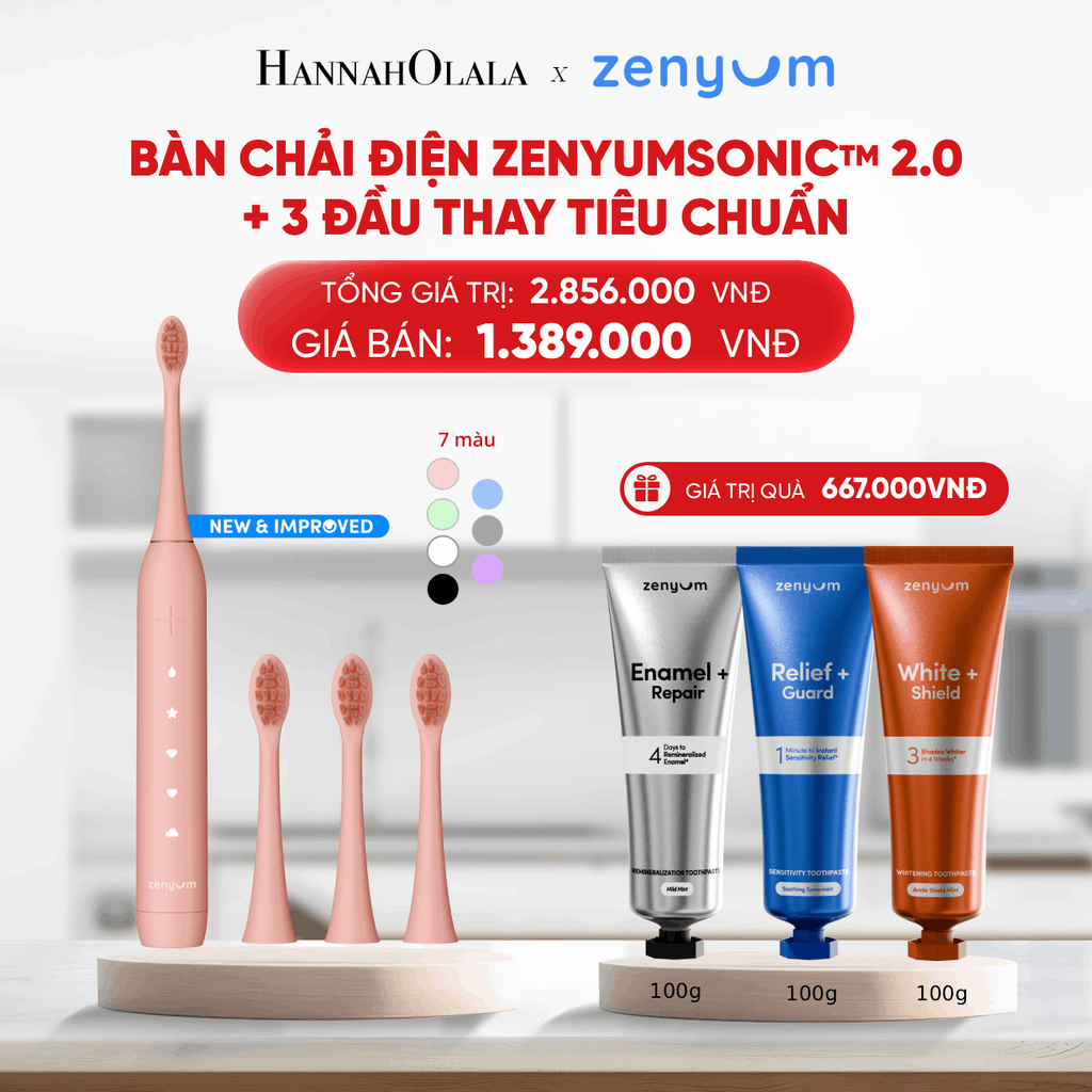  B109_DEAL 5: BỘ BÀN CHẢI ĐIỆN ZENYUM SONIC 2.0 + 3 ĐẦU THAY TIÊU CHUẨN 