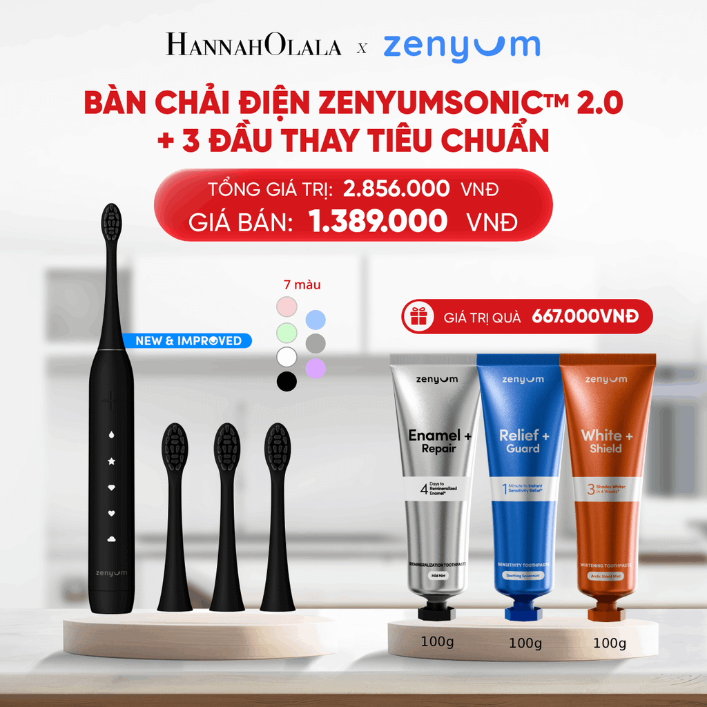  B109_DEAL 5: BỘ BÀN CHẢI ĐIỆN ZENYUM SONIC 2.0 + 3 ĐẦU THAY TIÊU CHUẨN 