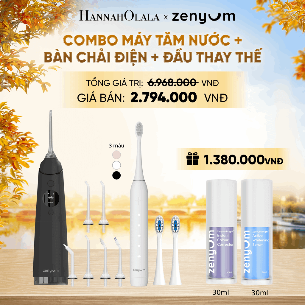  COMBO MÁY TĂM NƯỚC ZENYUM PRO + 6 ĐẦU THAY+ BÀN CHẢI ĐIỆN ZENYUM SONIC 2.0 + 2 ĐẦU THAY ÊM DỊU + SERUM ĐIỀU CHỈNH, LÀM TRẮNG RĂNG - E1570 
