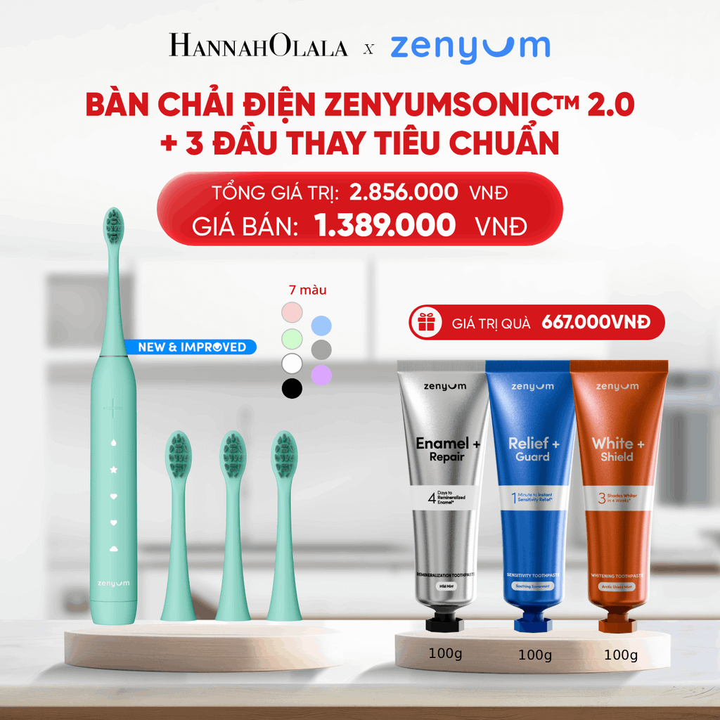  B109_DEAL 5: BỘ BÀN CHẢI ĐIỆN ZENYUM SONIC 2.0 + 3 ĐẦU THAY TIÊU CHUẨN 