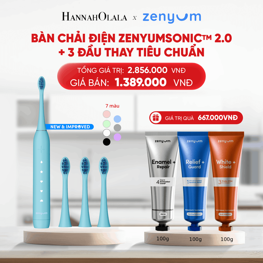  B109_DEAL 5: BỘ BÀN CHẢI ĐIỆN ZENYUM SONIC 2.0 + 3 ĐẦU THAY TIÊU CHUẨN 