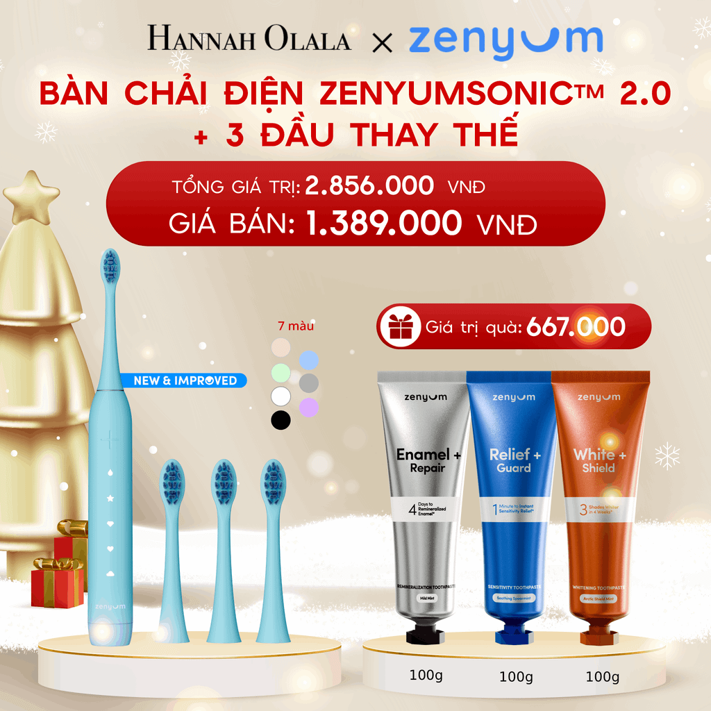  A1266_DEAL 5: BỘ BÀN CHẢI ĐIỆN ZENYUM SONIC 2.0 + 3 ĐẦU THAY TIÊU CHUẨN 