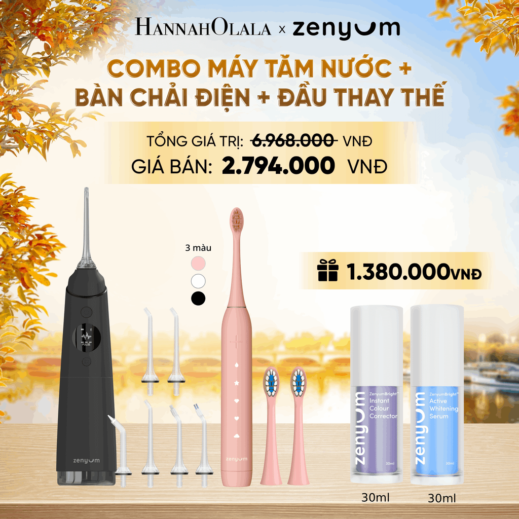  COMBO MÁY TĂM NƯỚC ZENYUM PRO + 6 ĐẦU THAY+ BÀN CHẢI ĐIỆN ZENYUM SONIC 2.0 + 2 ĐẦU THAY ÊM DỊU + SERUM ĐIỀU CHỈNH, LÀM TRẮNG RĂNG - E1570 