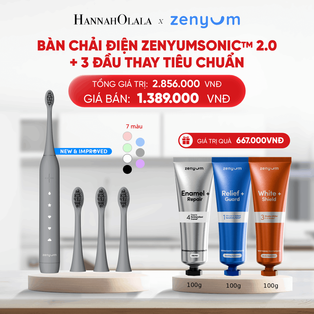  B109_DEAL 5: BỘ BÀN CHẢI ĐIỆN ZENYUM SONIC 2.0 + 3 ĐẦU THAY TIÊU CHUẨN 
