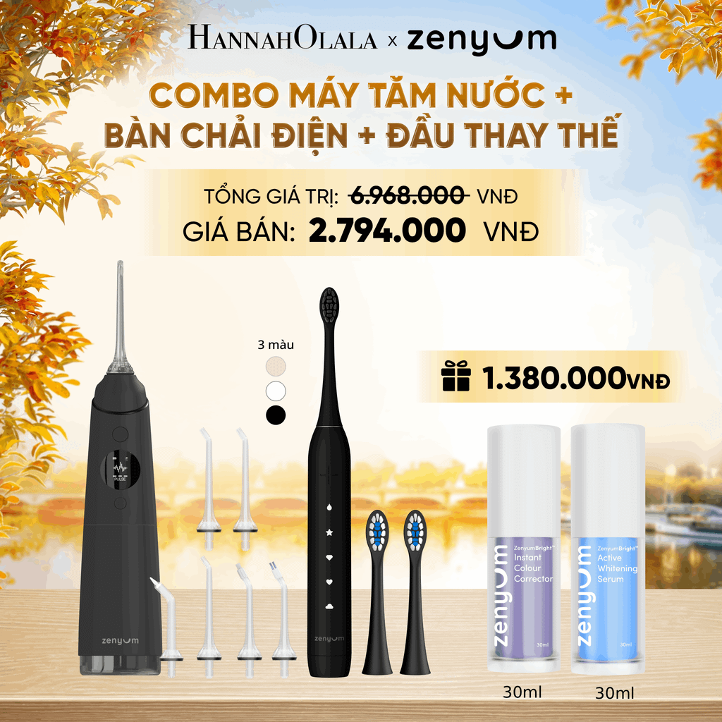  COMBO MÁY TĂM NƯỚC ZENYUM PRO + 6 ĐẦU THAY+ BÀN CHẢI ĐIỆN ZENYUM SONIC 2.0 + 2 ĐẦU THAY ÊM DỊU + SERUM ĐIỀU CHỈNH, LÀM TRẮNG RĂNG - E1570 