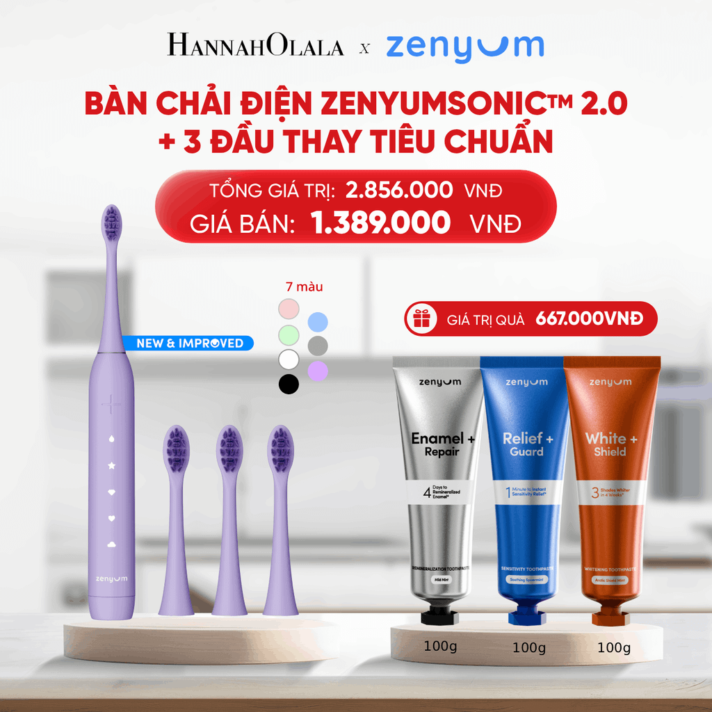  B109_DEAL 5: BỘ BÀN CHẢI ĐIỆN ZENYUM SONIC 2.0 + 3 ĐẦU THAY TIÊU CHUẨN 