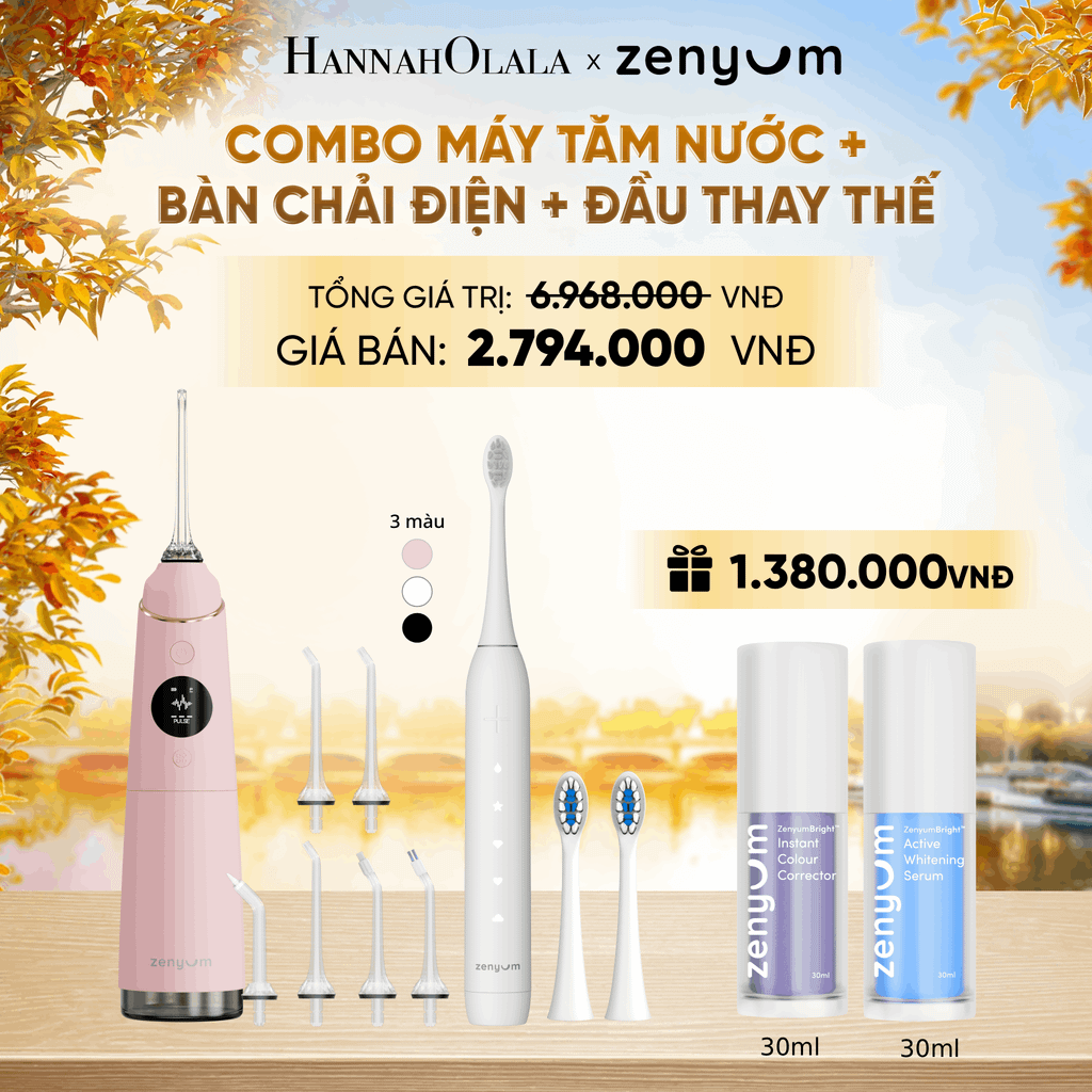  COMBO MÁY TĂM NƯỚC ZENYUM PRO + 6 ĐẦU THAY+ BÀN CHẢI ĐIỆN ZENYUM SONIC 2.0 + 2 ĐẦU THAY ÊM DỊU + SERUM ĐIỀU CHỈNH, LÀM TRẮNG RĂNG - E1570 