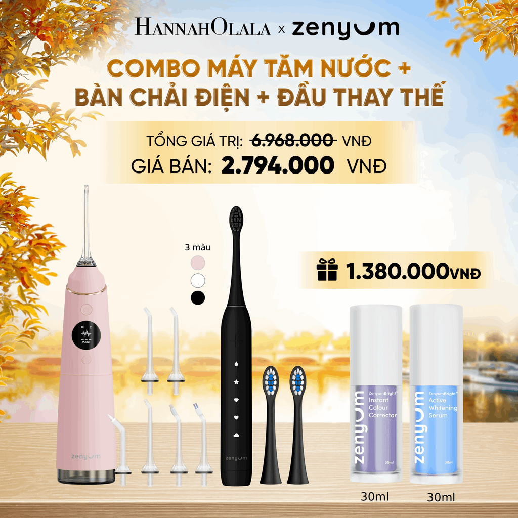  COMBO MÁY TĂM NƯỚC ZENYUM PRO + 6 ĐẦU THAY+ BÀN CHẢI ĐIỆN ZENYUM SONIC 2.0 + 2 ĐẦU THAY ÊM DỊU + SERUM ĐIỀU CHỈNH, LÀM TRẮNG RĂNG - E1570 
