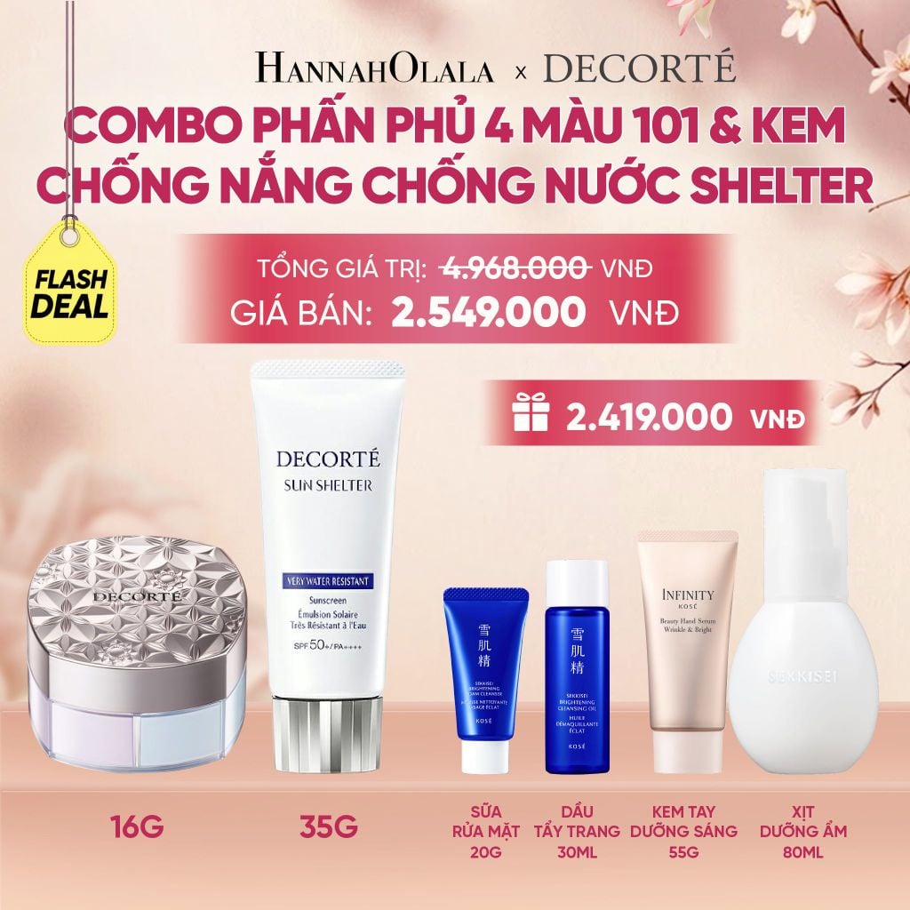  COMBO PHẤN PHỦ 4 MÀU 101 & KEM CHỐNG NẮNG DECORTÉ SHELTER - A654 