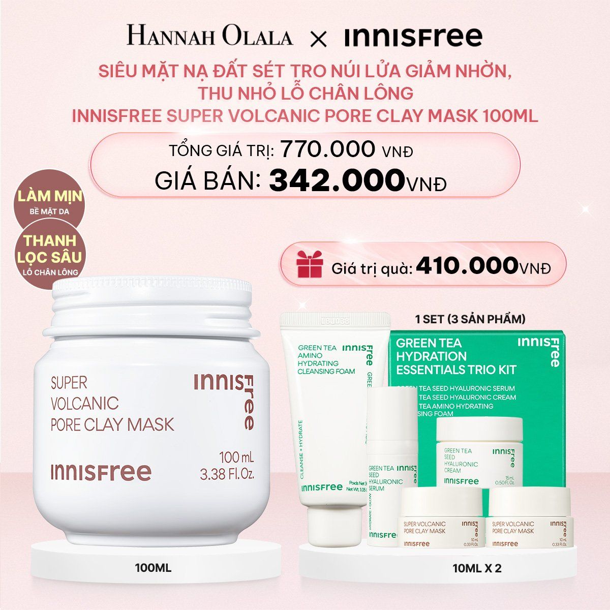  E142_DEAL 7: SIÊU MẶT NẠ ĐẤT SÉT TRO NÚI LỬA GIẢM NHỜN, THU NHỎ LỖ CHÂN LÔNG INNISFREE SUPER VOLCANIC PORE CLAY MASK 100ML 