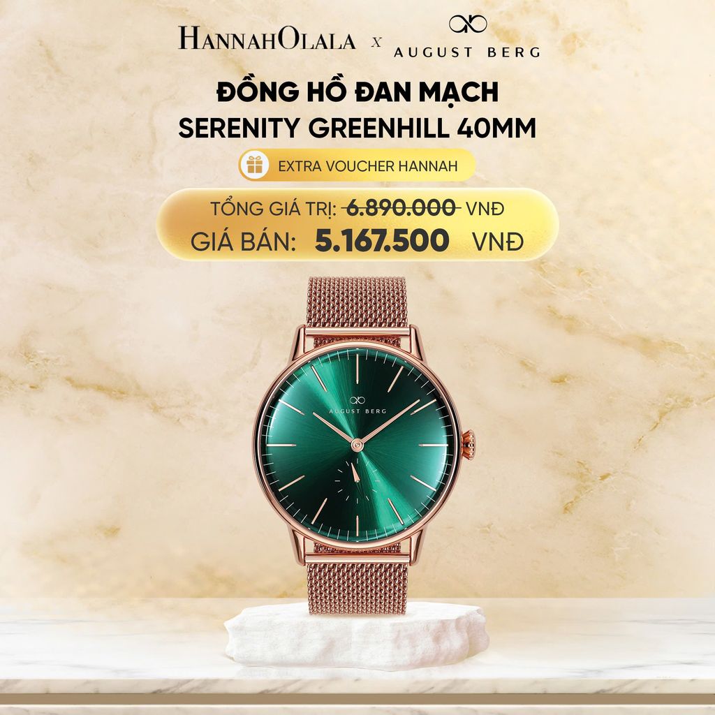  DEAL 6: ĐỒNG HỒ ĐAN MẠCH AUGUST BERG - MẶT SERENITY GREENHILL 40MM - DÂY MESH 