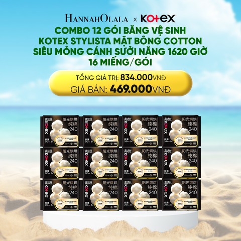  DEAL 6: COMBO 12 GÓI BĂNG VỆ SINH KOTEX STYLISTA MẶT BÔNG COTTON SIÊU MỎNG CÁNH SƯỞI NĂNG 1620 GIỜ 16 MIẾNG/GÓI 