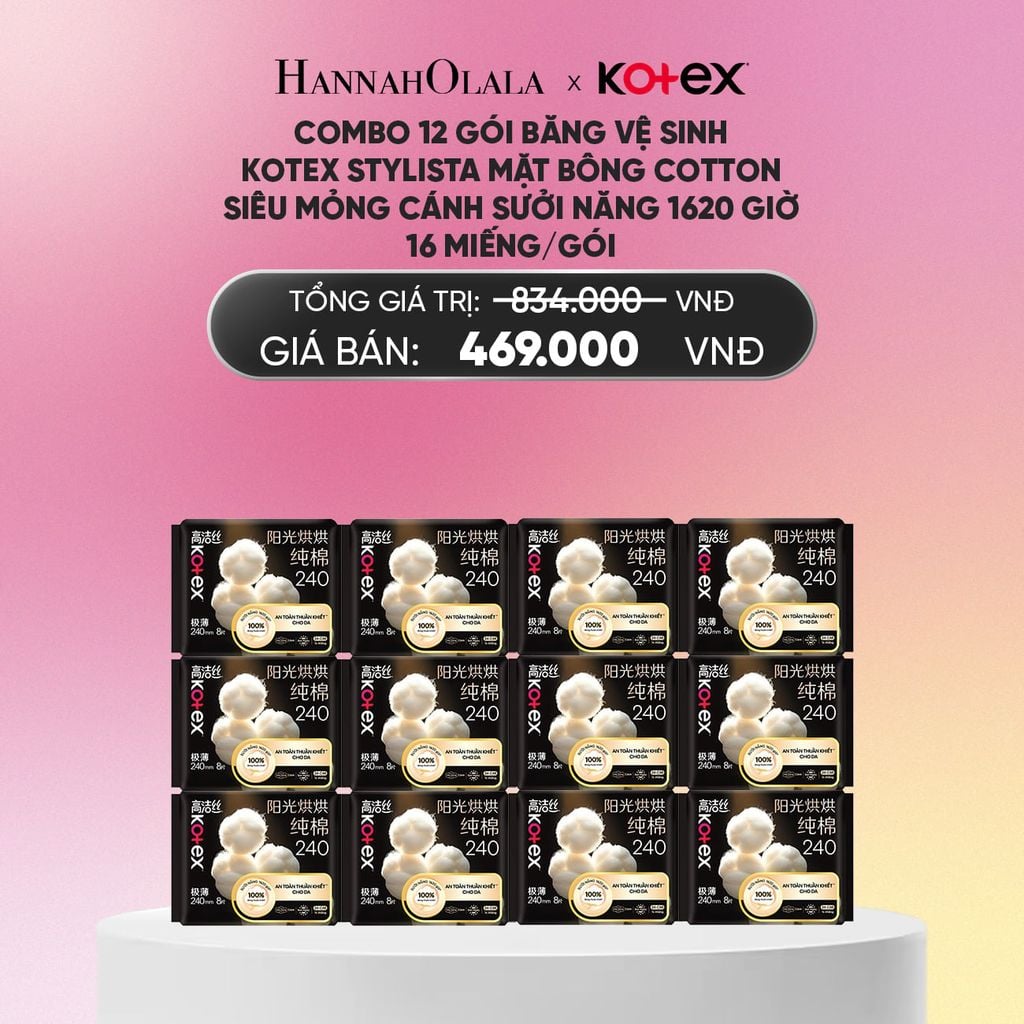  COMBO 12 GÓI BĂNG VỆ SINH KOTEX STYLISTA MẶT BÔNG COTTON SIÊU MỎNG CÁNH SƯỞI NĂNG 1620 GIỜ 16 MIẾNG/GÓI_A1321 