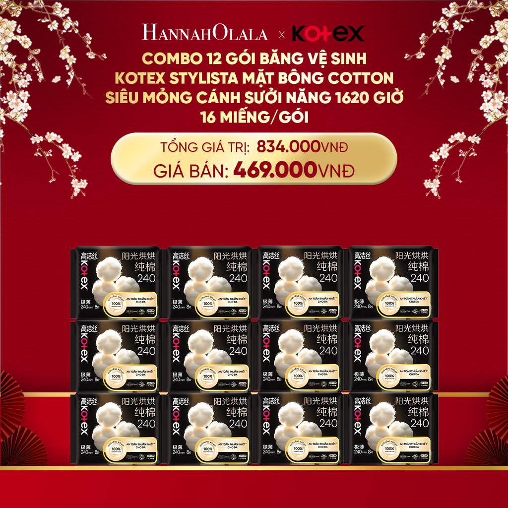  DEAL 6: COMBO 12 GÓI BĂNG VỆ SINH KOTEX STYLISTA MẶT BÔNG COTTON SIÊU MỎNG CÁNH SƯỞI NĂNG 1620 GIỜ 16 MIẾNG/GÓI 