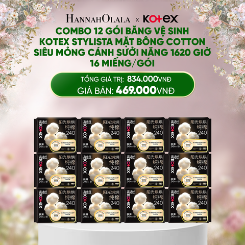  E1000_DEAL 6: COMBO 12 GÓI BĂNG VỆ SINH KOTEX STYLISTA MẶT BÔNG COTTON SIÊU MỎNG CÁNH SƯỞI NĂNG 1620 GIỜ 16 MIẾNG/GÓI 