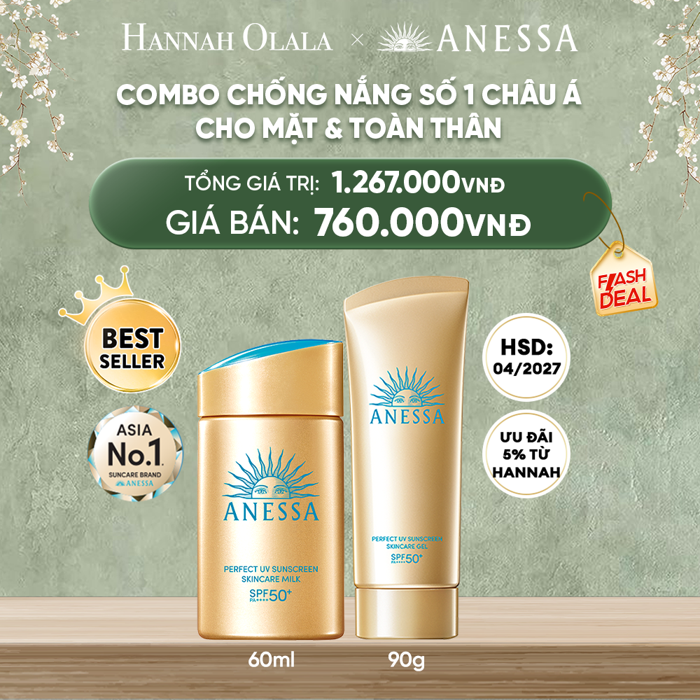 DEAL 6: COMBO KEM CHỐNG NẮNG DẠNG SỮA& KEM CHỐNG NẮNG DẠNG GEL BẢO VỆ HOÀN HẢO CHO MẶT - TOÀN THÂN ANESSA GOLD MILK 60ML + GOLD GEL 90G
HSD: 1/4/2027 