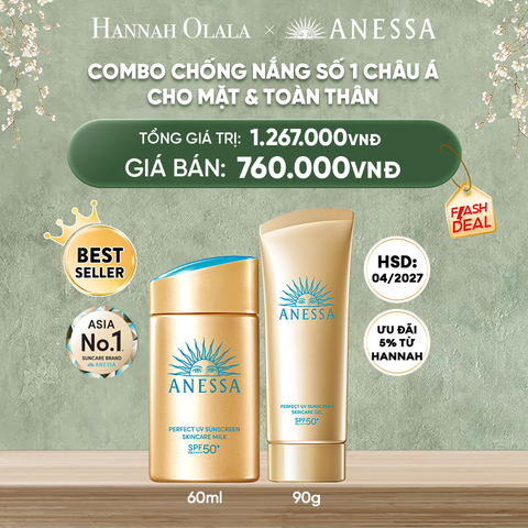  DEAL 6: COMBO KEM CHỐNG NẮNG DẠNG SỮA& KEM CHỐNG NẮNG DẠNG GEL BẢO VỆ HOÀN HẢO CHO MẶT - TOÀN THÂN ANESSA GOLD MILK 60ML + GOLD GEL 90G
HSD: 1/4/2027 