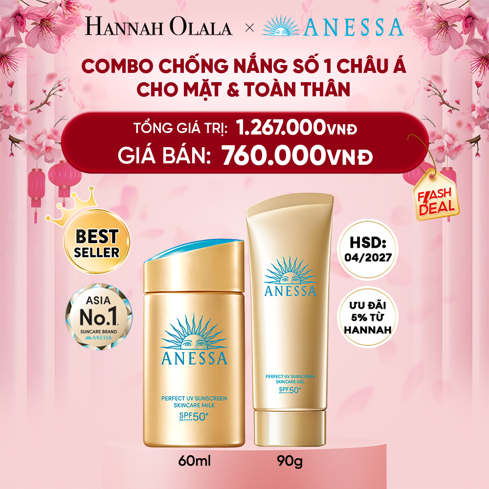  DEAL 6: COMBO SỮA CHỐNG NẮNG & GEL CHỐNG NẮNG BẢO VỆ HOÀN HẢO CHO MẶT - TOÀN THÂN ANESSA GOLD MILK 60ML + GOLD GEL 90G
HSD: 1/4/2027 