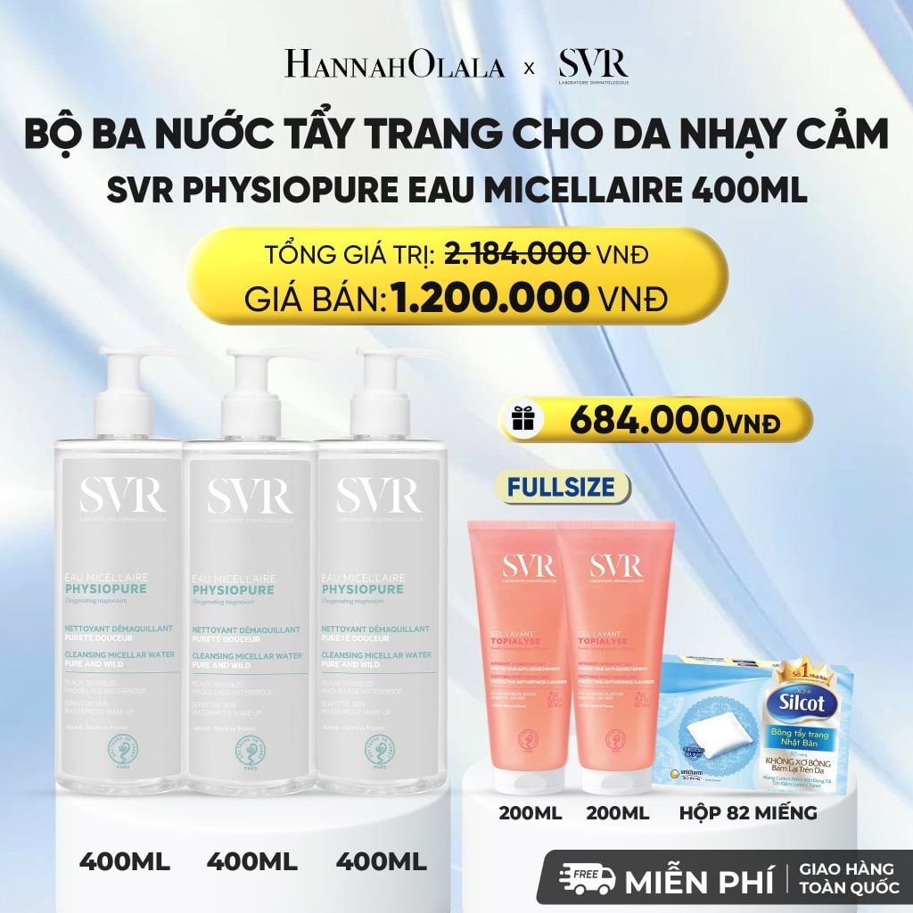  COMBO 3 NƯỚC TẨY TRANG CHO DA NHẠY CẢM SVR PHYSIOPURE EAU MICELLAIRE 400ML - DEAL 06 