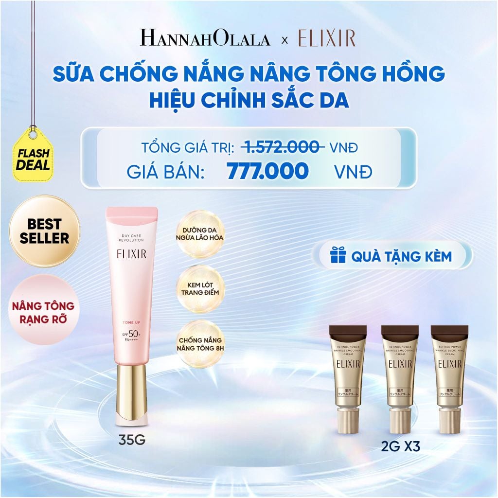  [ SẮC HỒNG BABY ] KEM CHỐNG NẮNG DẠNG SỮA NÂNG TÔNG CHO DA XỈN MÀU ELIXIR DAY CARE REVOLUTION TONE UP PINK+35G - DEAL 6 - C94 