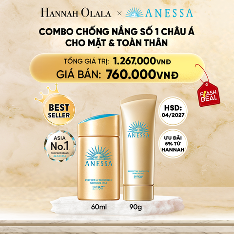  DEAL 6: COMBO SỮA CHỐNG NẮNG & GEL CHỐNG NẮNG BẢO VỆ HOÀN HẢO CHO MẶT - TOÀN THÂN ANESSA GOLD MILK 60ML + GOLD GEL 90G
HSD: 1/4/2027 