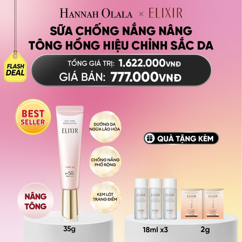  [SẮC HỒNG BABY] KEM CHỐNG NẮNG DẠNG SỮA NÂNG TÔNG CHO DA XỈN MÀU ELIXIR DAY CARE REVOLUTION TONE UP PINK+35G - DEAL 6_ A1644 