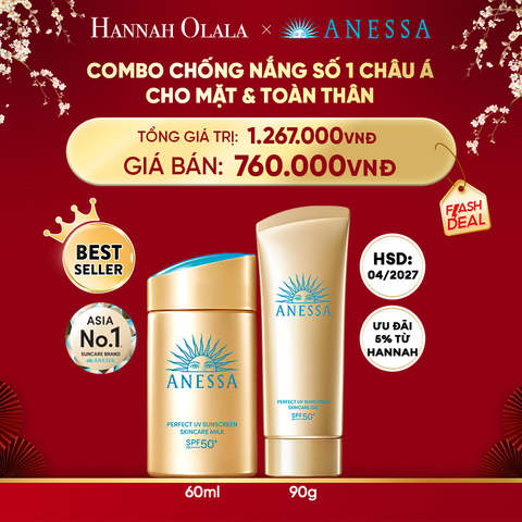  DEAL 6: COMBO SỮA CHỐNG NẮNG & GEL CHỐNG NẮNG BẢO VỆ HOÀN HẢO CHO MẶT - TOÀN THÂN ANESSA GOLD MILK 60ML + GOLD GEL 90G
HSD: 1/4/2027 