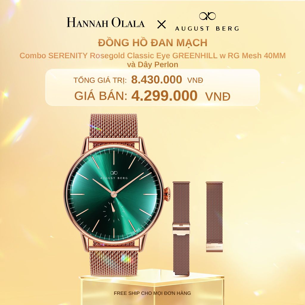  C749_DEAL 6: COMBO ĐỒNG HỒ ĐAN MẠCH AUGUST BERG SERENITY - MẶT CLASSIC EYE GREENHILL 40MM, DÂY MESH MÀU VÀNG ĐỒNG KÈM DÂY PERLON 
