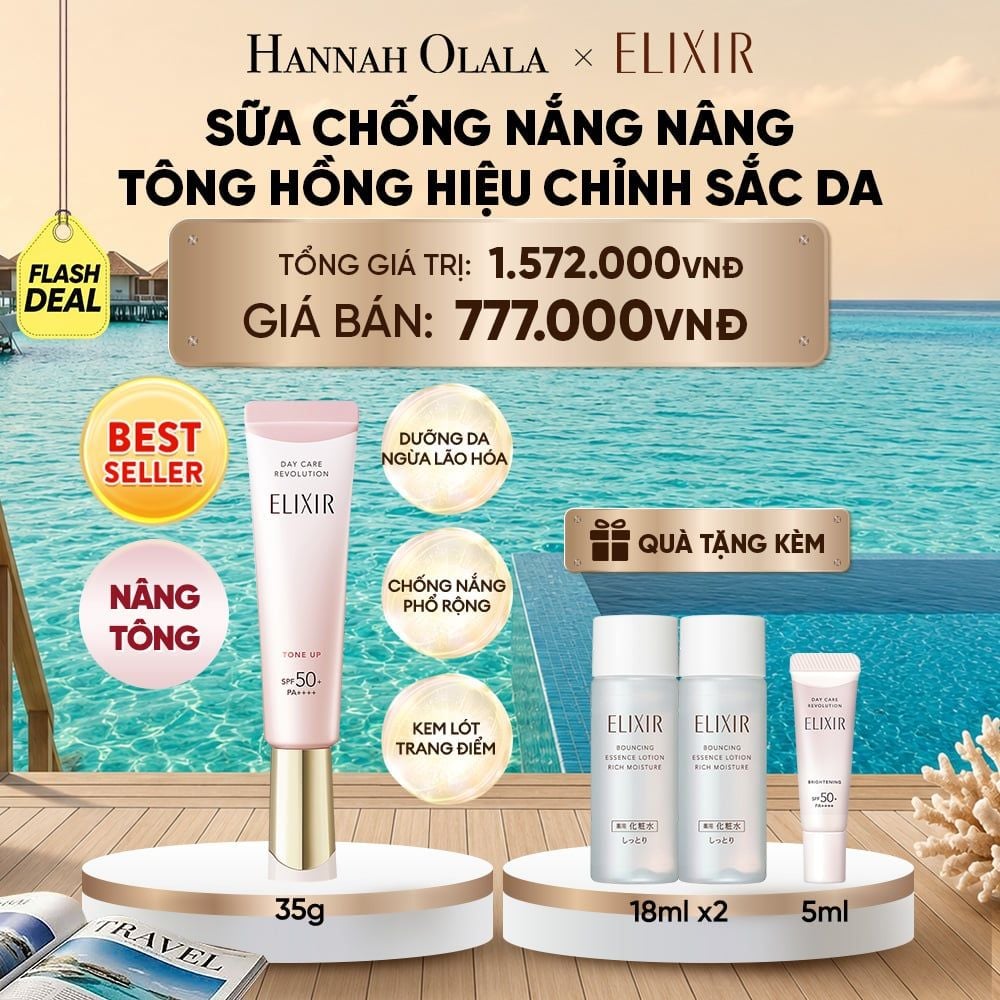  [SẮC HỒNG BABY] KEM CHỐNG NẮNG DẠNG SỮA NÂNG TÔNG CHO DA XỈN MÀU ELIXIR DAY CARE REVOLUTION TONE UP PINK+35G - DEAL 6_ D2208 