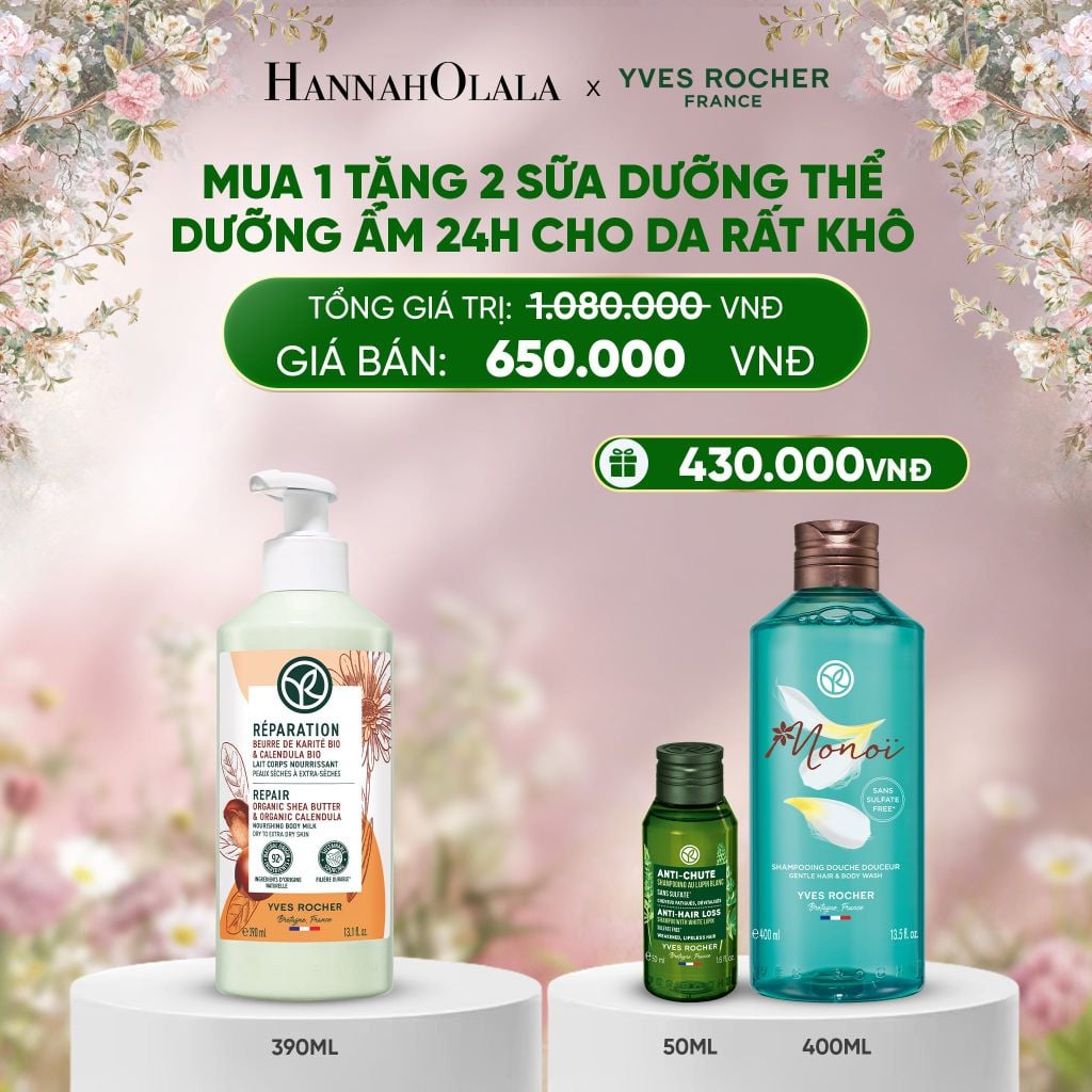  DEAL 6: MUA 1 TẶNG 2 - MUA SỮA DƯỠNG THỂ DƯỠNG ẨM 24H CHO DA RẤT KHÔ TẶNG SỮA TẮM HƯƠNG HOA TIARÉ MONOI + MINI DẦU GỘI GIẢM TÓC GÃY RỤNG 