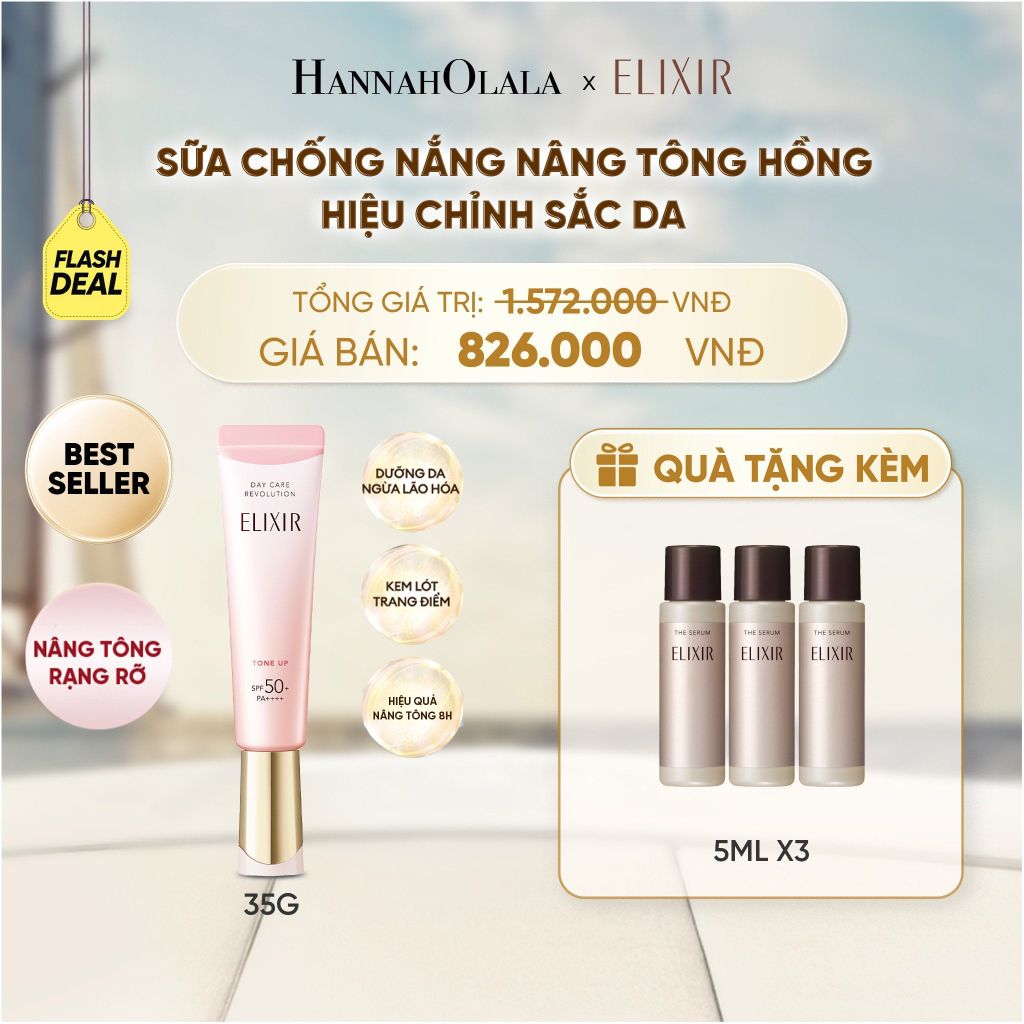  (FLASHSALE) [SẮC HỒNG BABY] KEM CHỐNG NẮNG DẠNG SỮA NÂNG TÔNG CHO DA XỈN MÀU ELIXIR DAY CARE REVOLUTION TONE UP PINK+35G - DEAL 6 