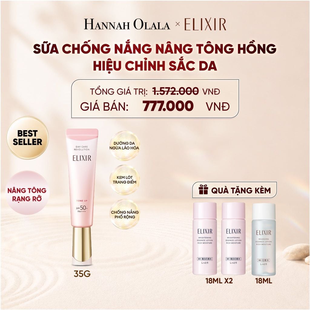  [ SẮC HỒNG BABY ] KEM CHỐNG NẮNG DẠNG SỮA NÂNG TÔNG CHO DA XỈN MÀU ELIXIR DAY CARE REVOLUTION TONE UP PINK+35G - DEAL 6 