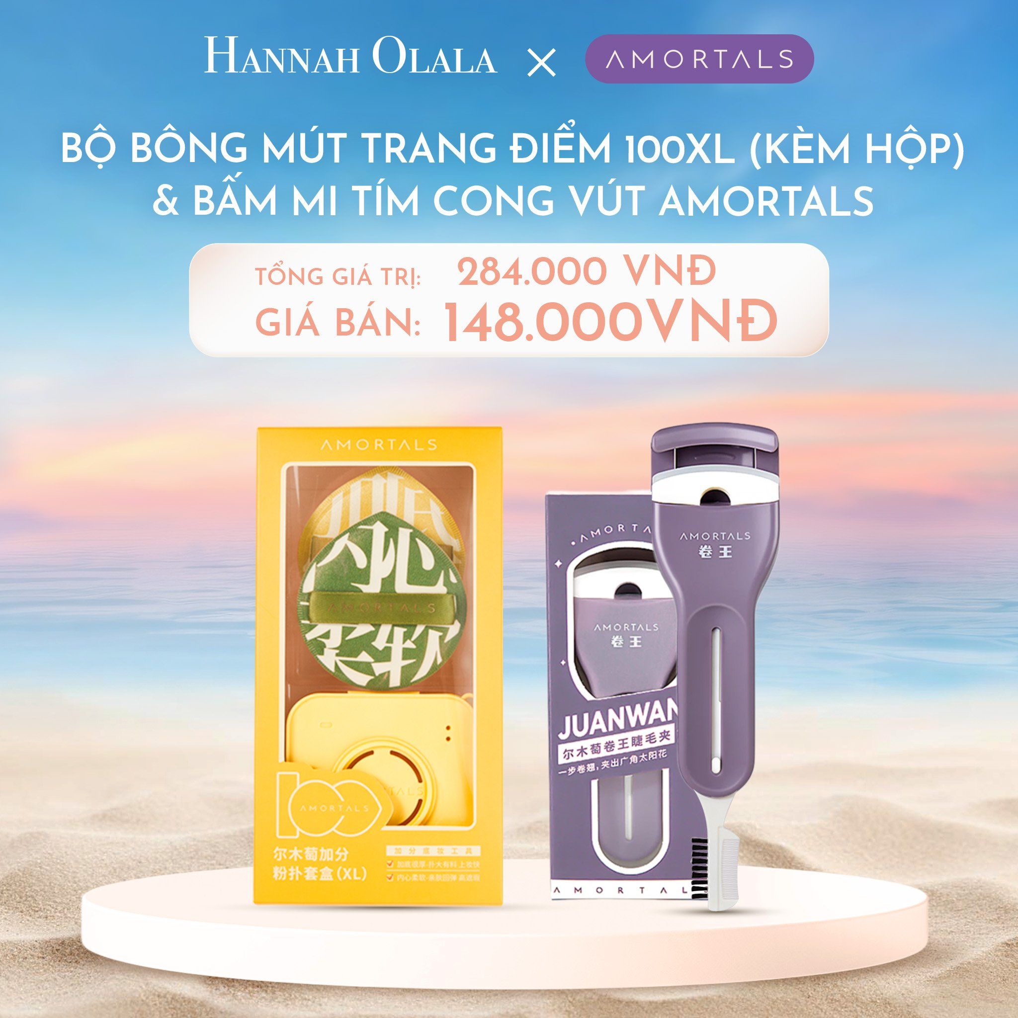  C1128_DEAL 6:BỘ BÔNG MÚT TRANG ĐIỂM XL 100 (KÈM HỘP) VÀ BẤM MI TÍM CONG VÚT AMORTALS 
