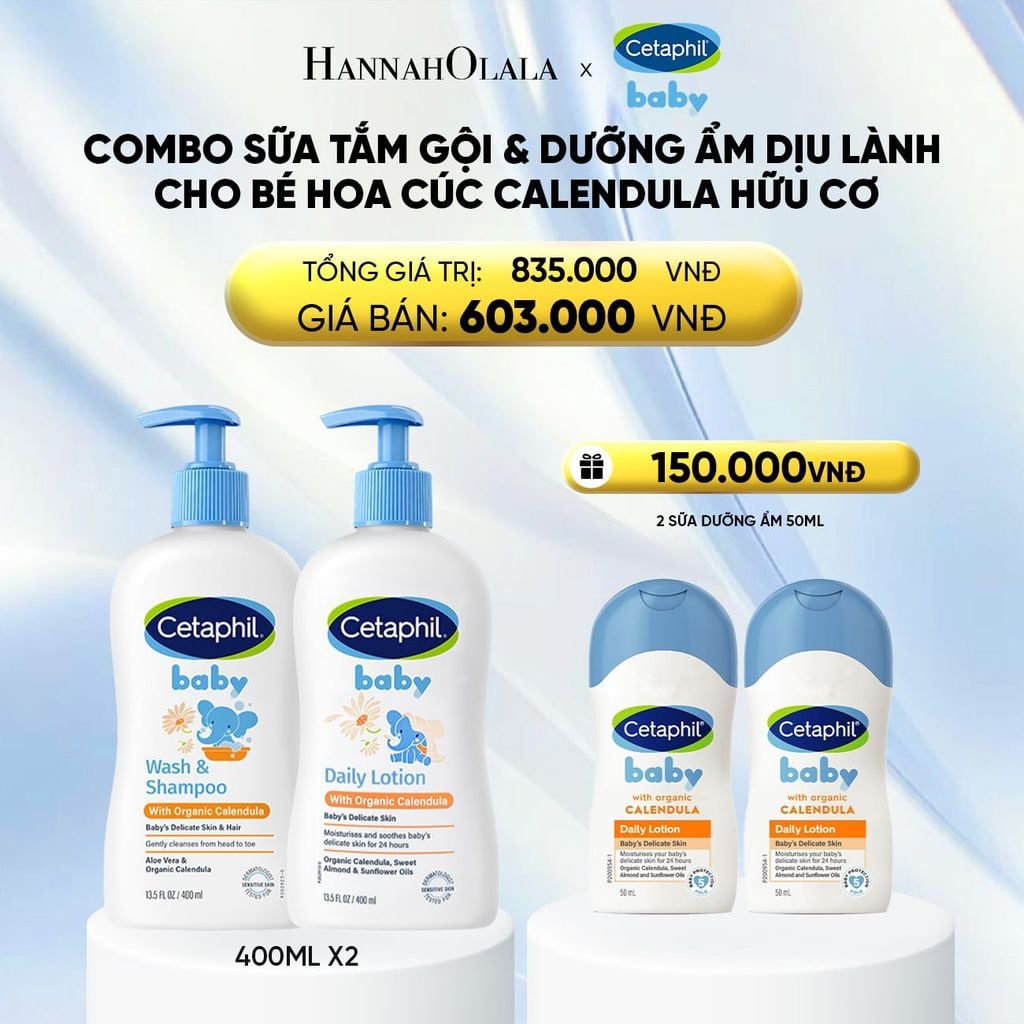  BỘ SỮA TẮM GỘI 400ML + SỮA DƯỠNG ẨM 400ML CETAPHIL BABY WITH ORGANIC CALENDULA - DEAL 7: 