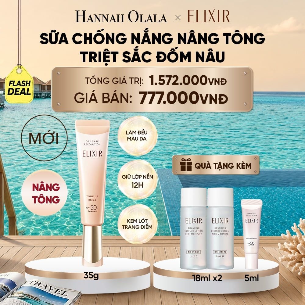  [SẮC BEIGE MỚI] KEM CHỐNG NẮNG DẠNG SỮA NÂNG TÔNG CHỐNG LÃO HÓA TRIỆT SẮC ĐỐM NÂU ELIXIR DAY CARE REVOLUTION TONE-UP PURE BEIGE 35G - DEAL 7_ D2209 