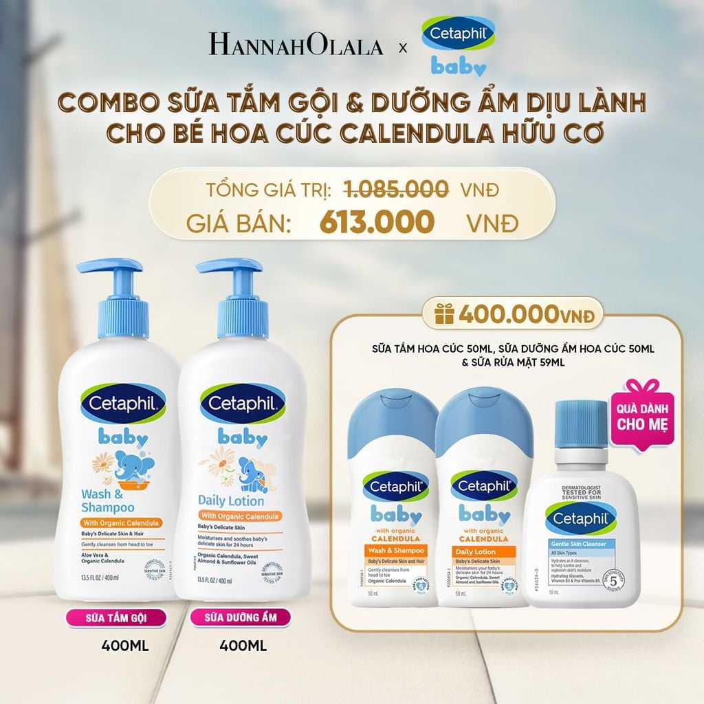  BỘ SỮA TẮM GỘI 400ML + SỮA DƯỠNG ẨM 400ML CETAPHIL BABY WITH ORGANIC CALENDULA DEAL 7: 