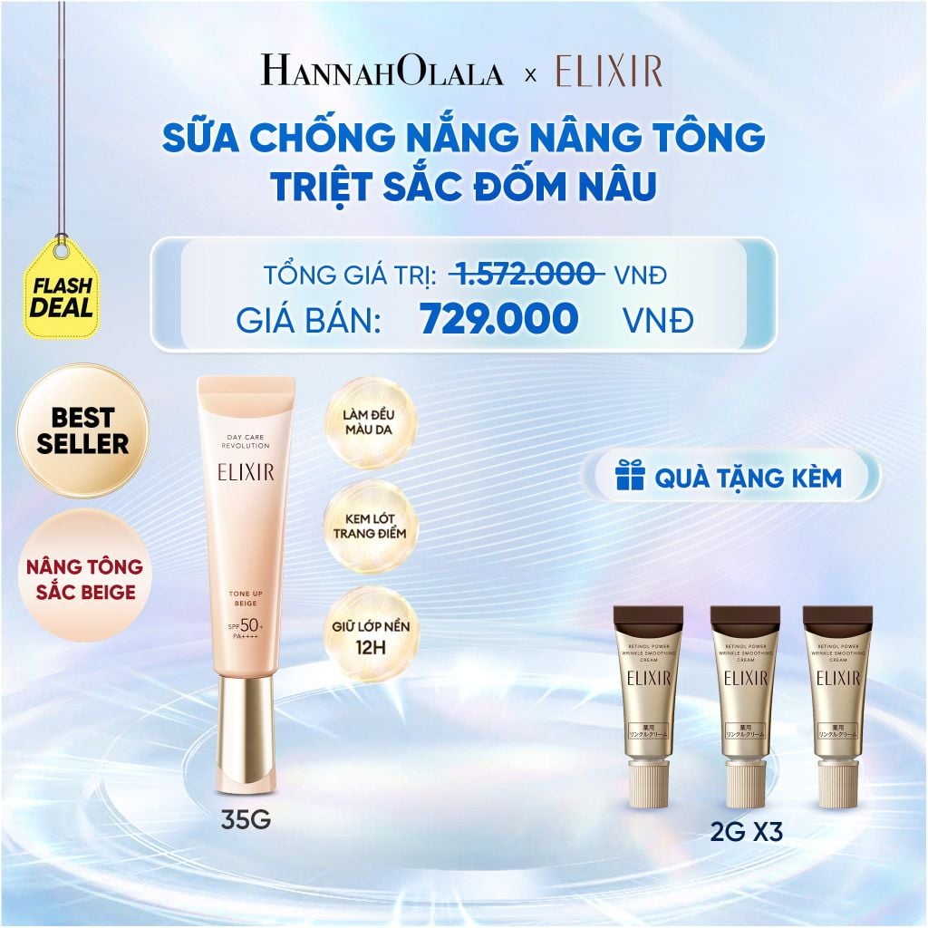  [ SẮC BEIGE MỚI ] KEM CHỐNG NẮNG DẠNG SỮA NÂNG TÔNG CHỐNG LÃO HÓA TRIỆT SẮC ĐỐM NÂU ELIXIR DAY CARE REVOLUTION TONE-UP PURE BEIGE 35G - DEAL 7 - C95 