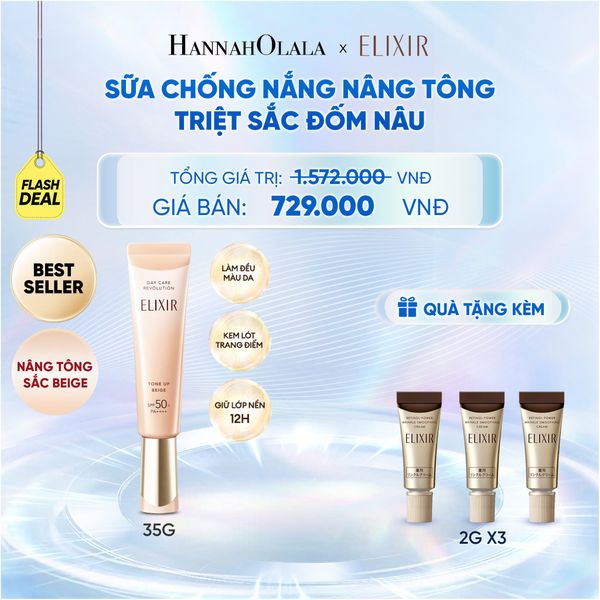  [ SẮC BEIGE MỚI ] KEM CHỐNG NẮNG DẠNG SỮA NÂNG TÔNG CHỐNG LÃO HÓA TRIỆT SẮC ĐỐM NÂU ELIXIR DAY CARE REVOLUTION TONE-UP PURE BEIGE 35G - DEAL 7 - C95 