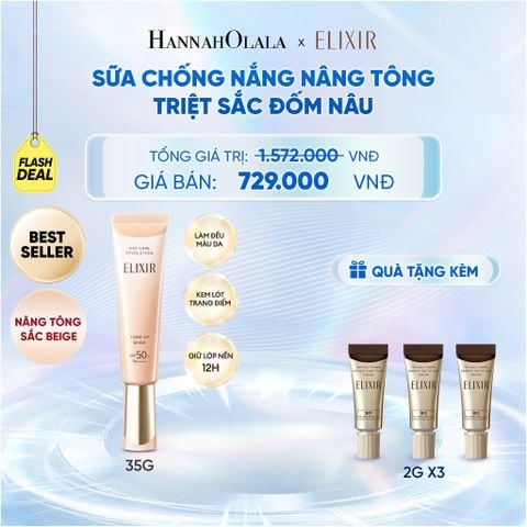  [ SẮC BEIGE MỚI ] KEM CHỐNG NẮNG DẠNG SỮA NÂNG TÔNG CHỐNG LÃO HÓA TRIỆT SẮC ĐỐM NÂU ELIXIR DAY CARE REVOLUTION TONE-UP PURE BEIGE 35G - DEAL 7 - C95 