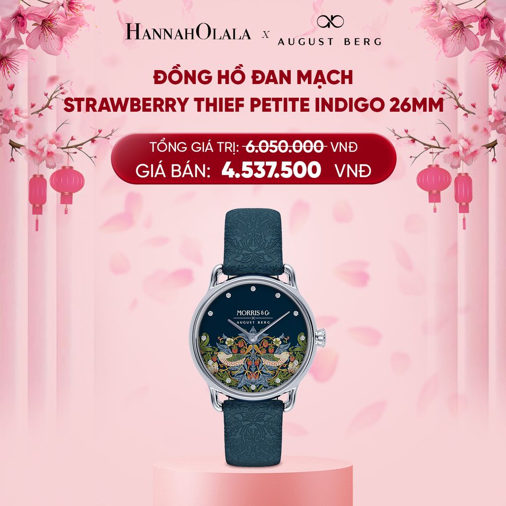  DEAL 7: ĐỒNG HỒ ĐAN MẠCH AUGUST BERG X MORRIS & CO. - MẶT STRAWBERRY THIEF PETITE INDIGO 26MM - DÂY DA Ý 