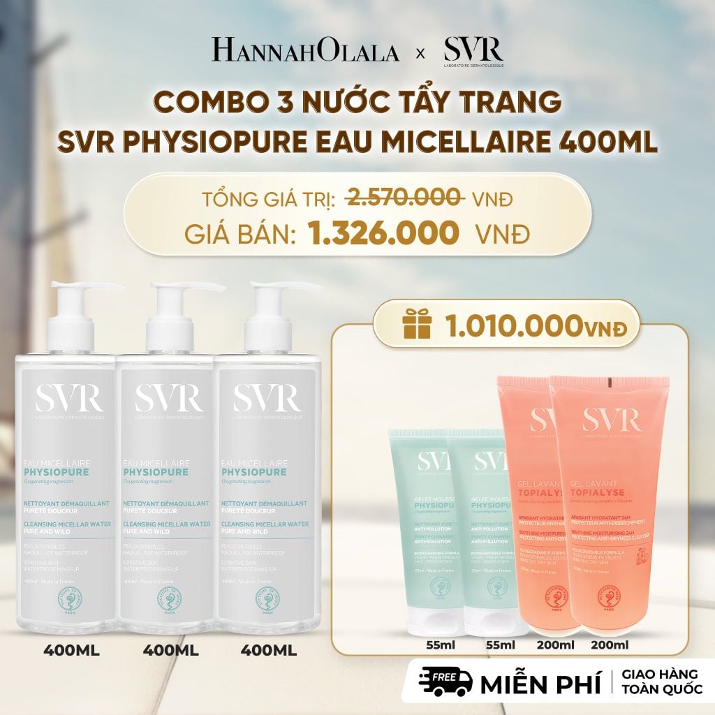  COMBO 3 NƯỚC TẨY TRANG CHO DA NHẠY CẢM SVR PHYSIOPURE EAU MICELLAIRE 400ML - DEAL 7 