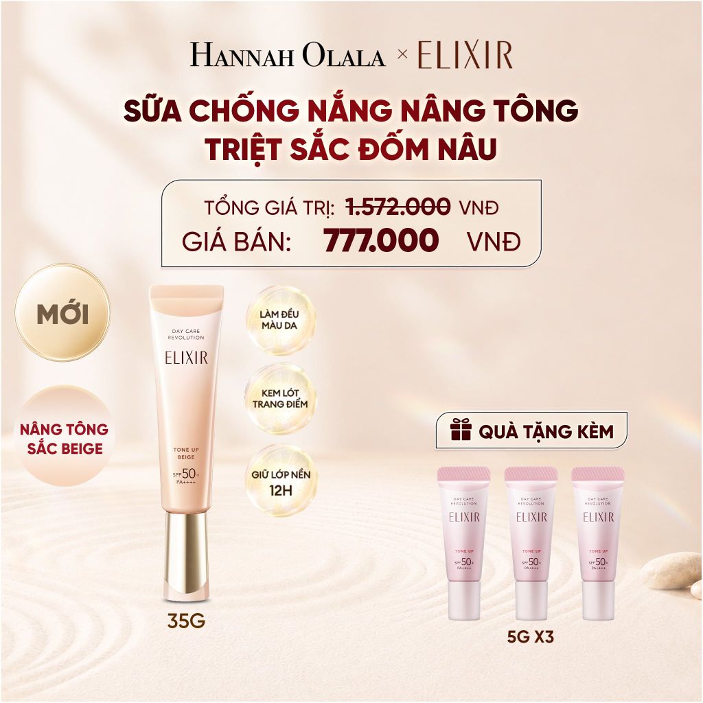  [ SẮC BEIGE MỚI ] KEM CHỐNG NẮNG DẠNG SỮA NÂNG TÔNG CHỐNG LÃO HÓA TRIỆT SẮC ĐỐM NÂU ELIXIR DAY CARE REVOLUTION TONE-UP PURE BEIGE 35G - DEAL 7 