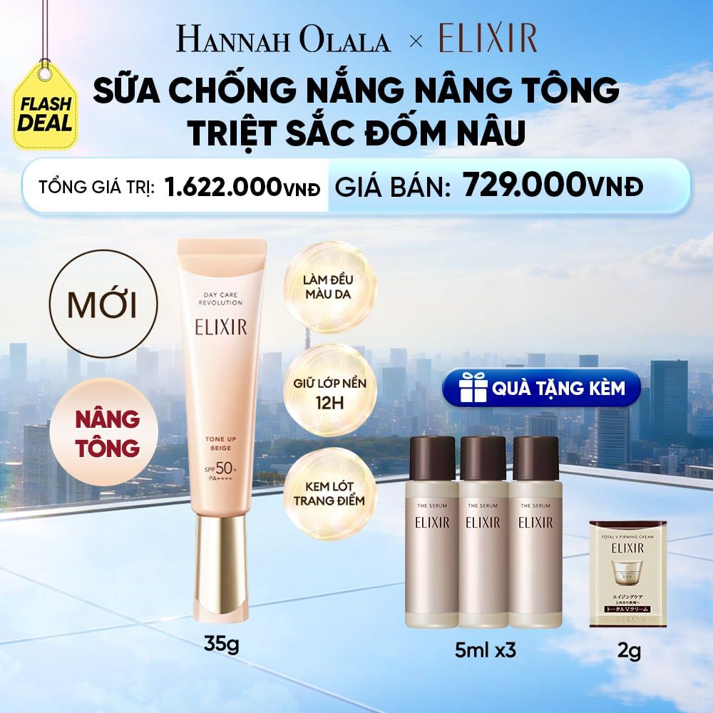  [ SẮC BEIGE MỚI ] KEM CHỐNG NẮNG DẠNG SỮA NÂNG TÔNG CHỐNG LÃO HÓA TRIỆT SẮC ĐỐM NÂU ELIXIR DAY CARE REVOLUTION TONE-UP PURE BEIGE 35G - DEAL 7 