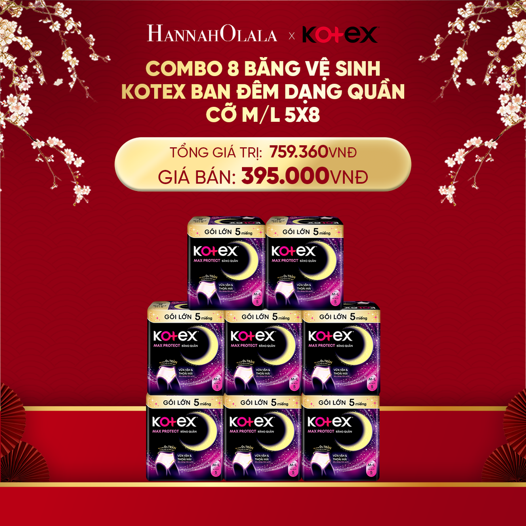  DEAL 7: COMBO 8 BĂNG VỆ SINH KOTEX BAN ĐÊM DẠNG QUẦN CỠ M/L 5X8 